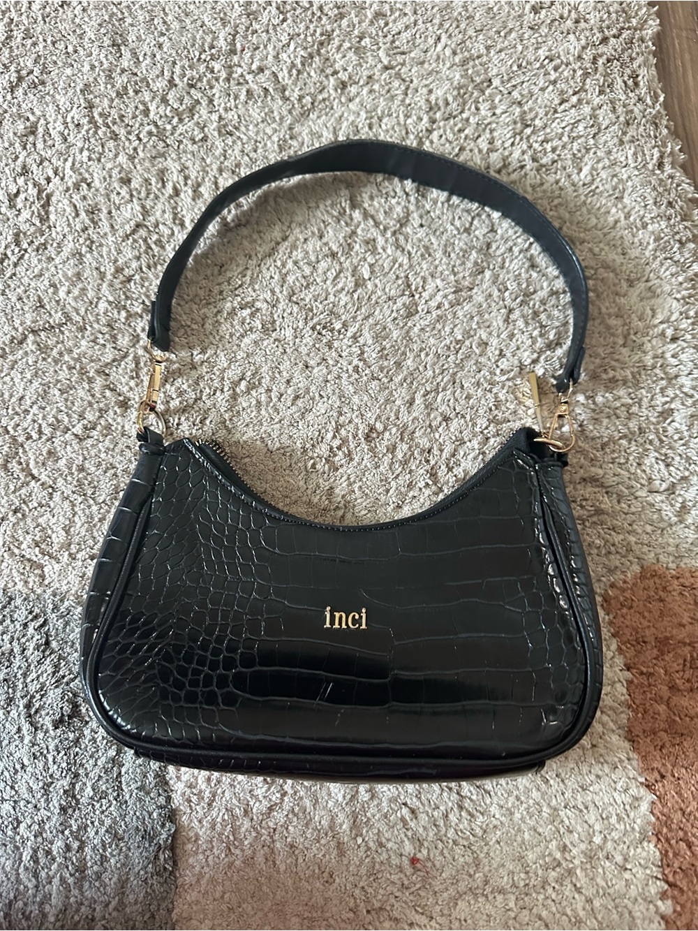 Inci Black Croc-Embossed Shoulder Bag